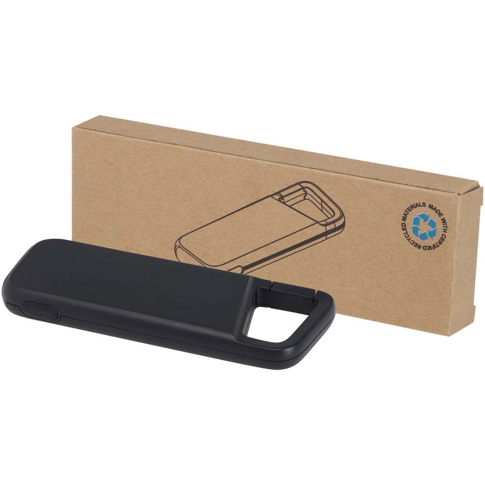 Alkes waterbestendige powerbank van 5000 mAh 12 W van gerecycled plastic met karabijnhaak - Zwart