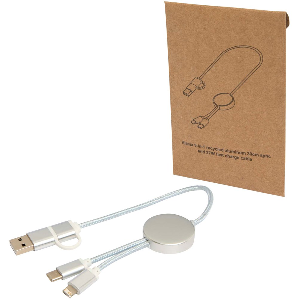 Alasia 5-in-1 30 cm datasynchronisatie- en 27 W snellaadkabel van gerecycled aluminium en plastic - Zilver