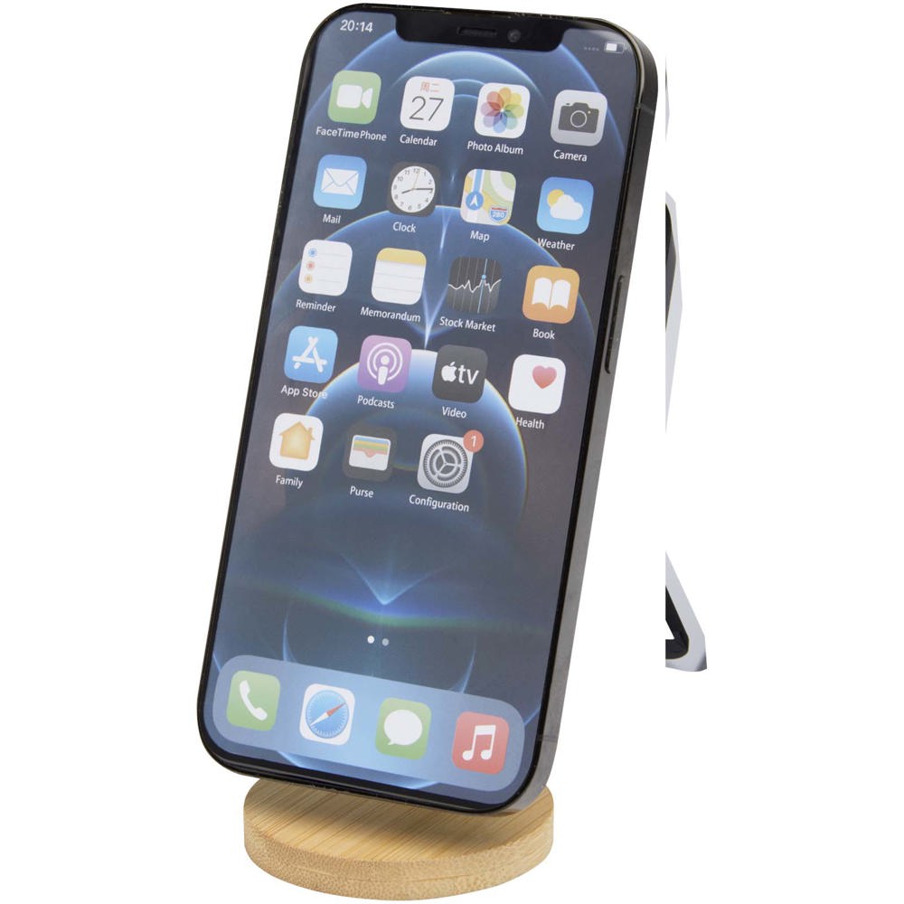 Alcor opvouwbare magnetische telefoonstandaard van gerecycled plastic met bamboedetails